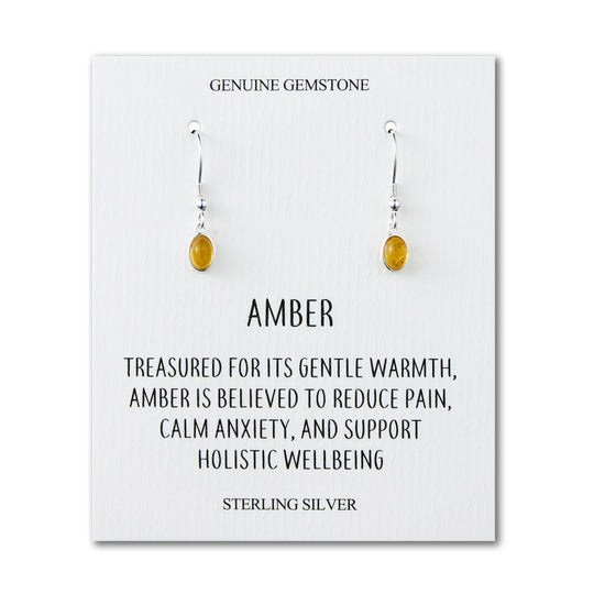 Sterling Silver Amber Oval Drop Earrings with Quote Card - Philip Jones Jewellery