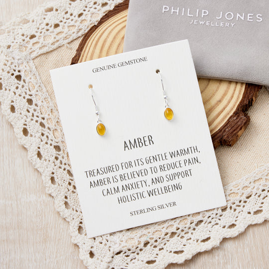 Sterling Silver Amber Oval Drop Earrings with Quote Card