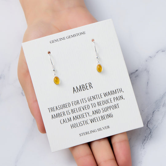 Sterling Silver Amber Oval Drop Earrings with Quote Card