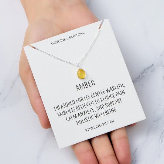 Sterling Silver Amber Oval Necklace with Quote Card