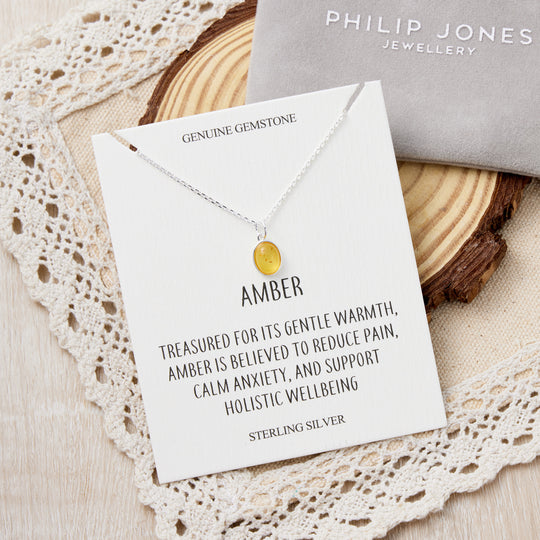 Sterling Silver Amber Oval Necklace with Quote Card
