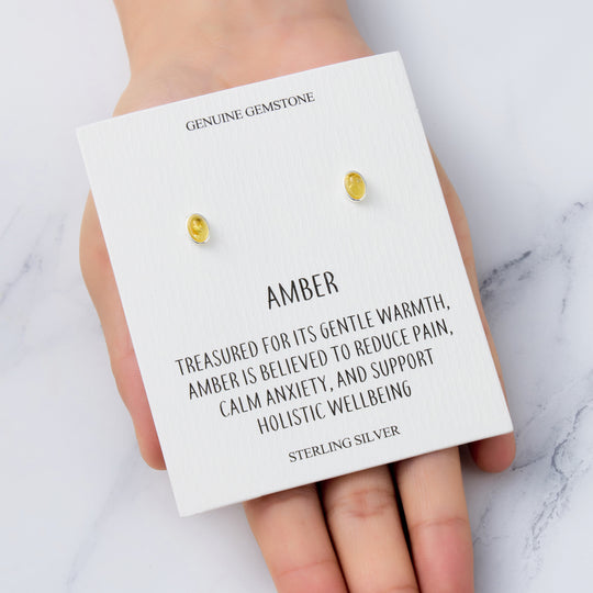 Sterling Silver Amber Oval Stud Earrings with Quote Card