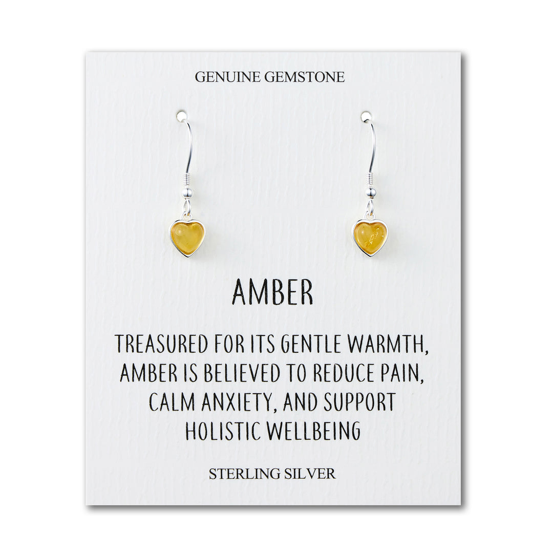 Sterling Silver Amber Heart Drop Earrings with Quote Card - Philip Jones Jewellery