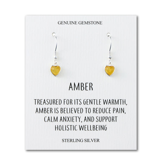 Sterling Silver Amber Heart Drop Earrings with Quote Card - Philip Jones Jewellery