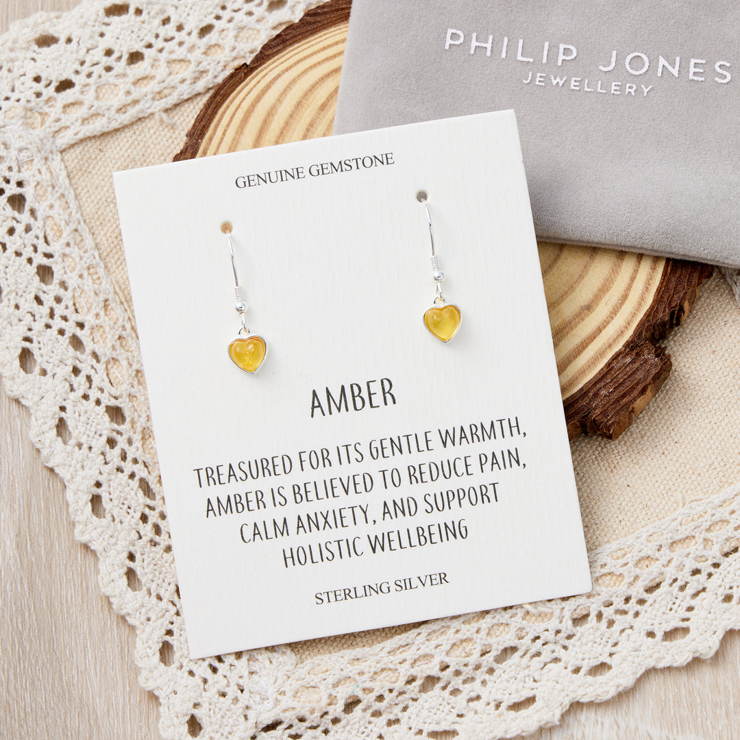 Sterling Silver Amber Heart Drop Earrings with Quote Card