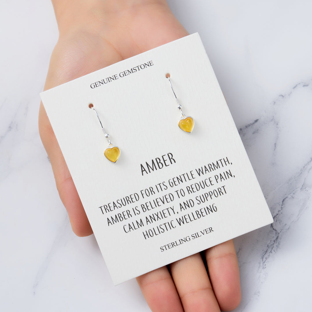 Sterling Silver Amber Heart Drop Earrings with Quote Card