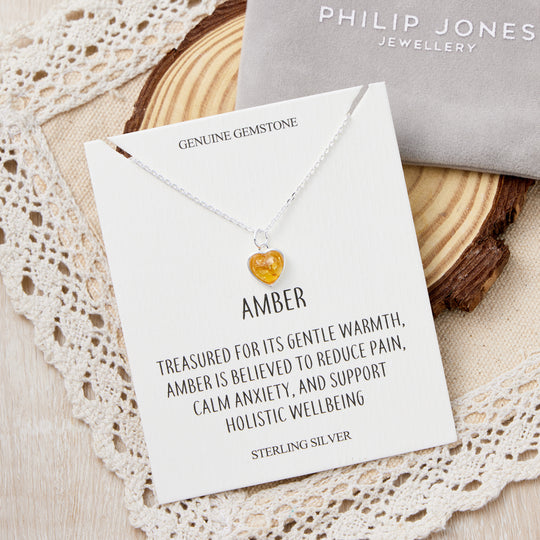 Sterling Silver Amber Heart Necklace with Quote Card