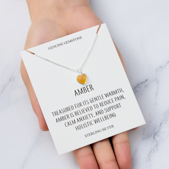 Sterling Silver Amber Heart Necklace with Quote Card
