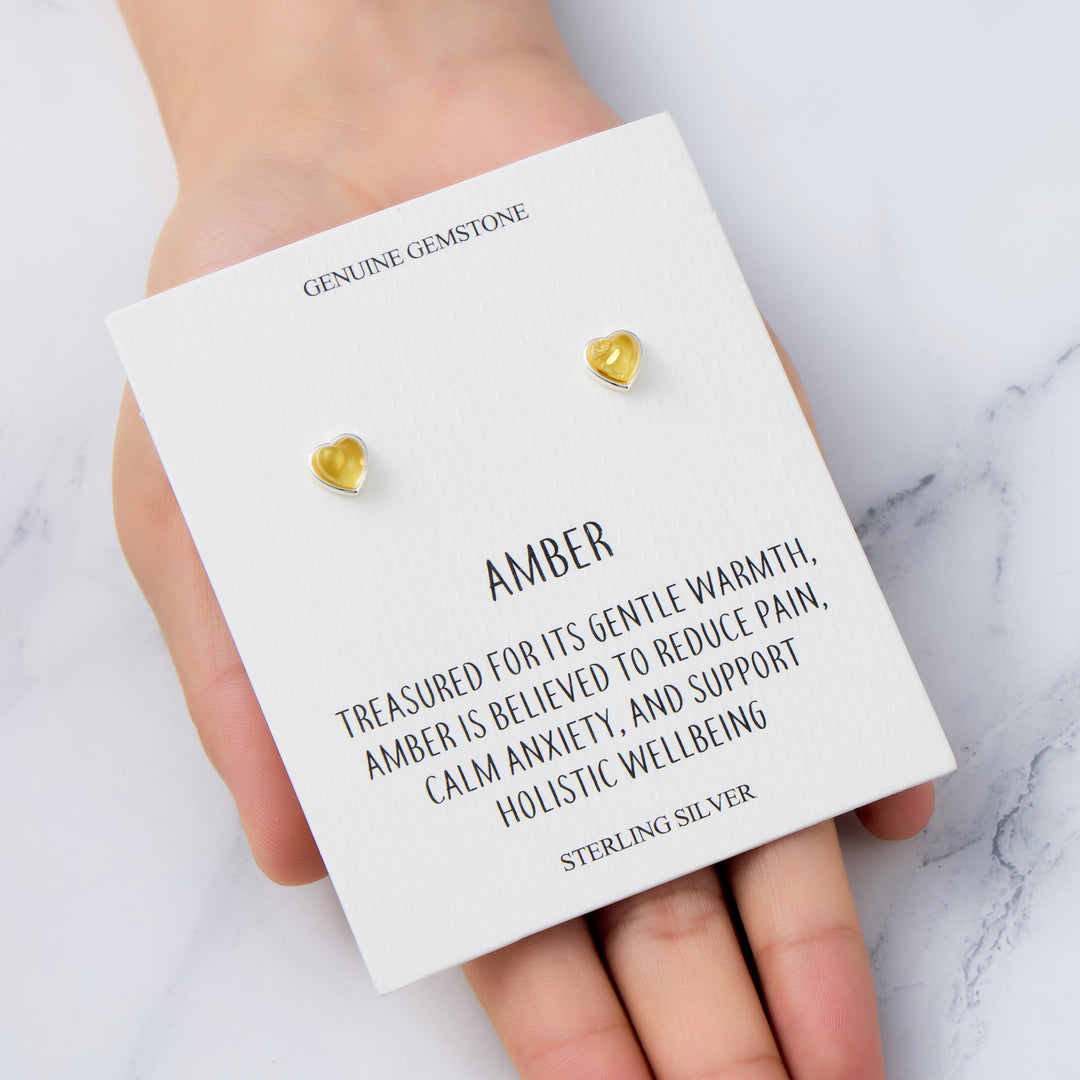 Sterling Silver Amber Heart Stud Earrings with Quote Card