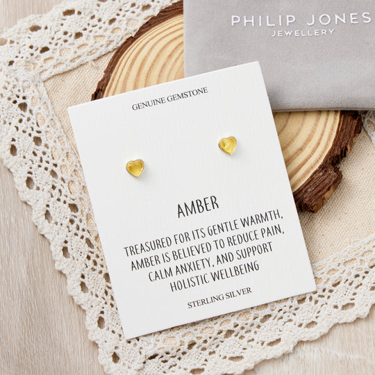 Sterling Silver Amber Heart Stud Earrings with Quote Card