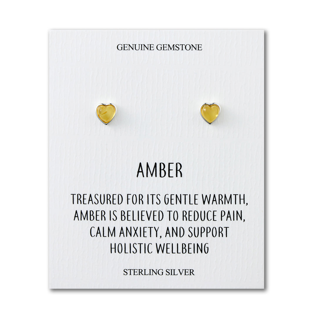 Sterling Silver Amber Heart Stud Earrings with Quote Card - Philip Jones