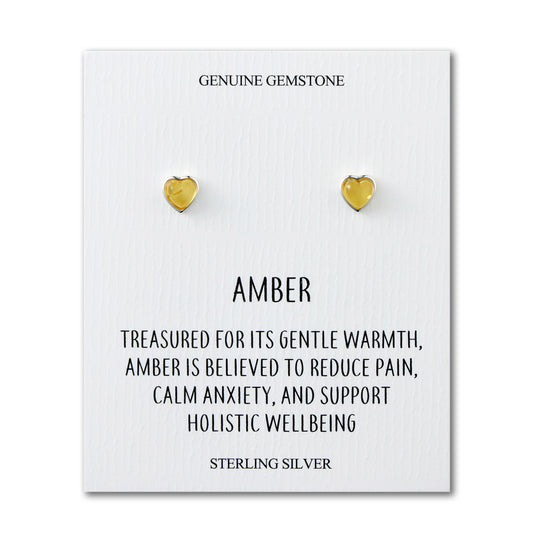 Sterling Silver Amber Heart Stud Earrings with Quote Card - Philip Jones