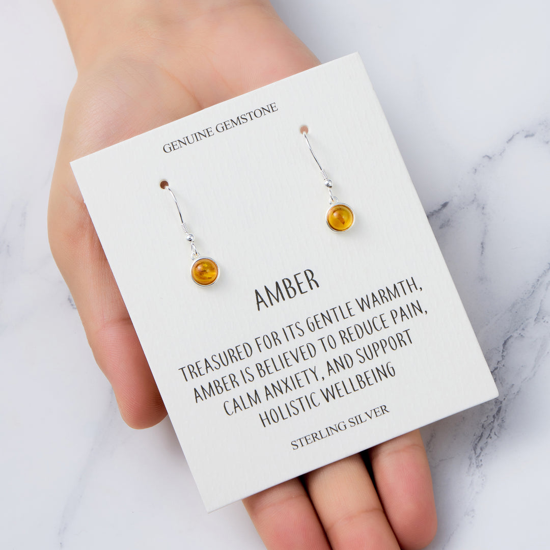 Sterling Silver Amber Round Drop Earrings with Quote Card