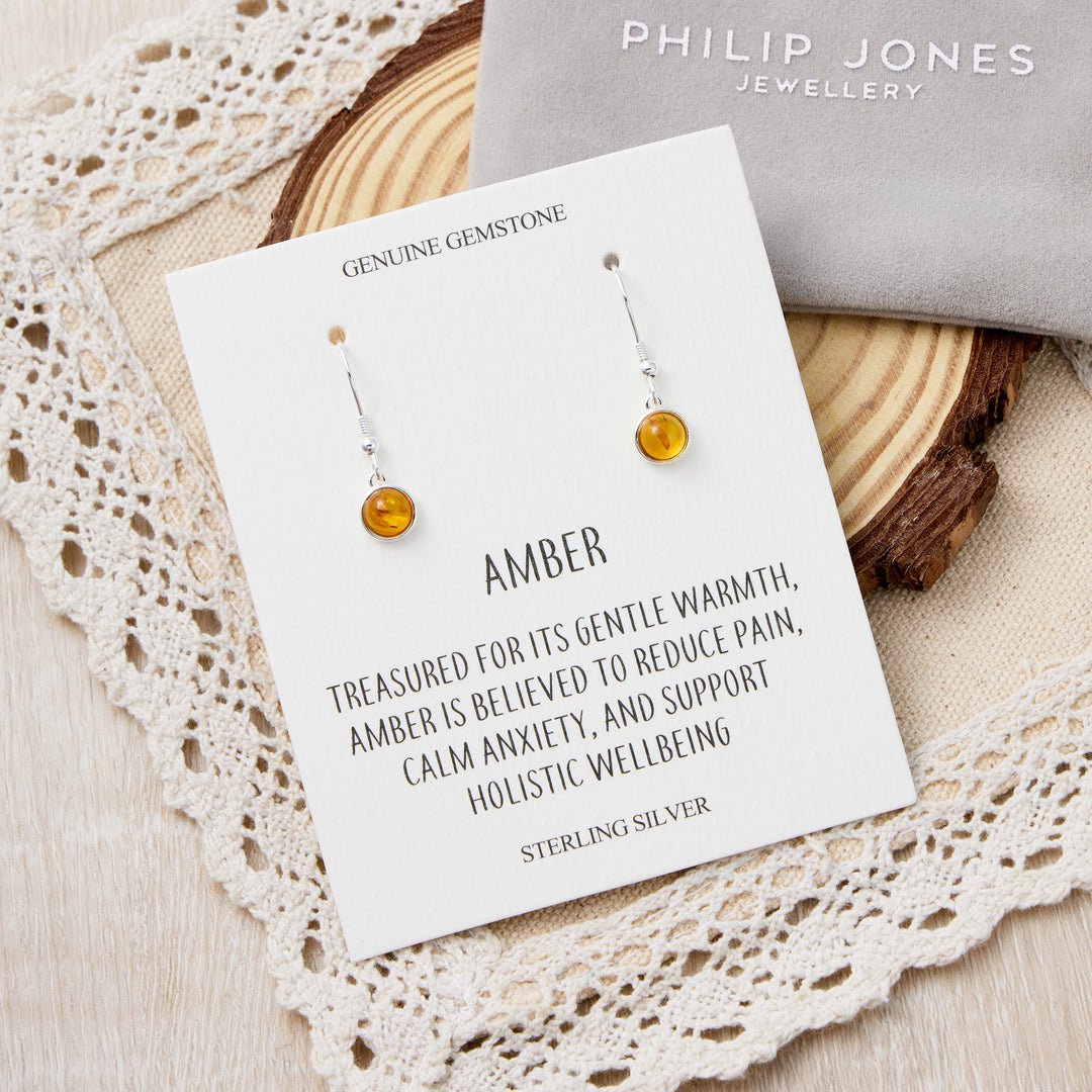 Sterling Silver Amber Round Drop Earrings with Quote Card