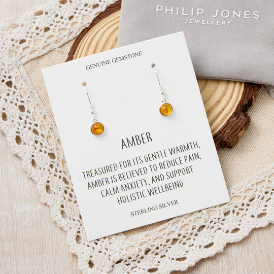 Sterling Silver Amber Round Drop Earrings with Quote Card