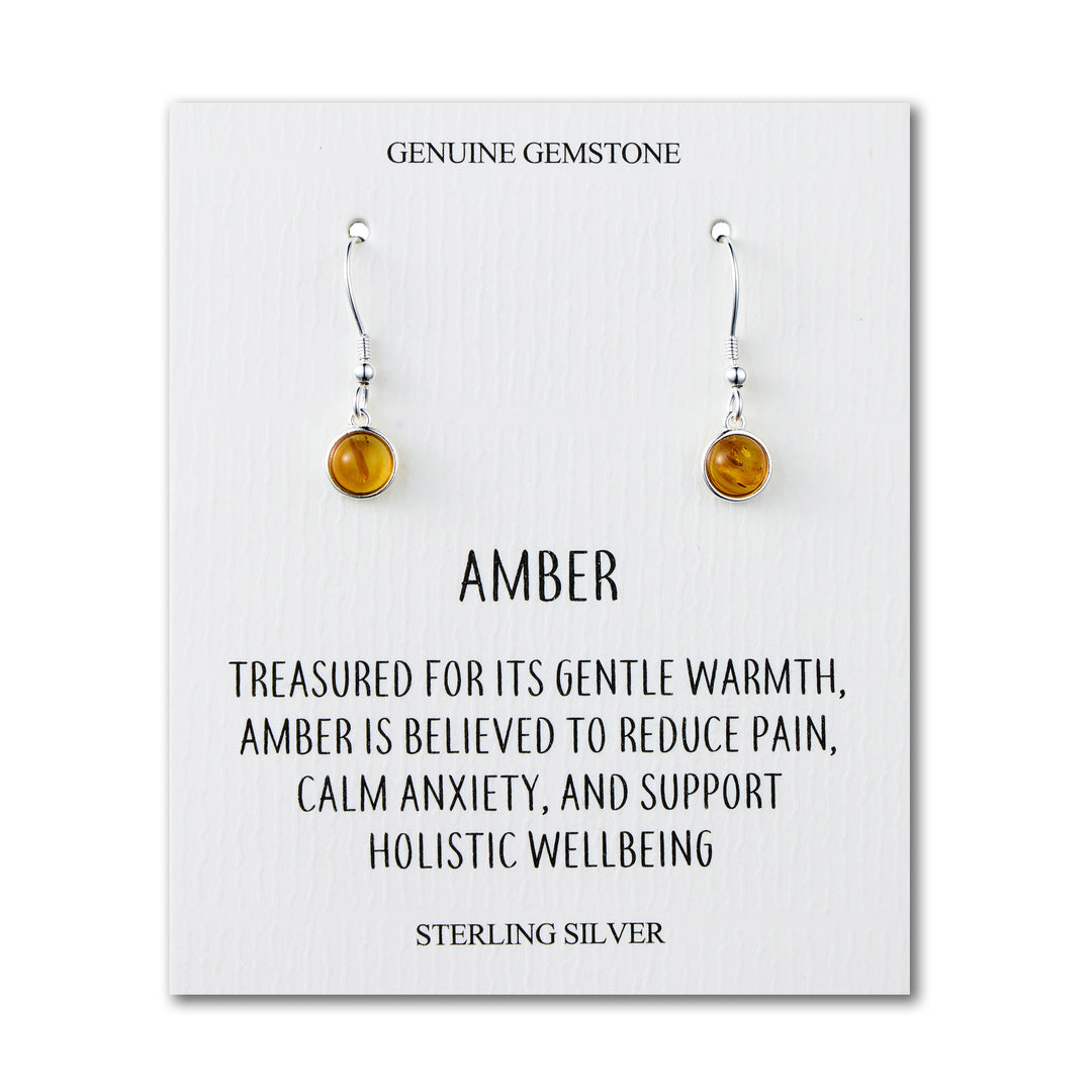 Sterling Silver Amber Round Drop Earrings with Quote Card - Philip Jones