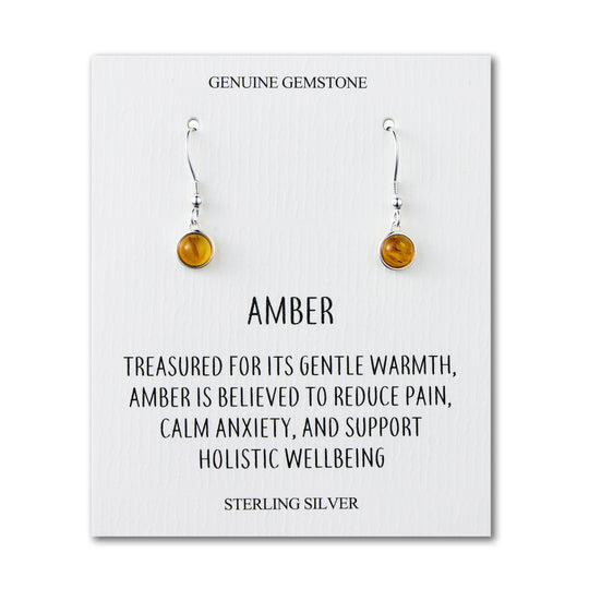 Sterling Silver Amber Round Drop Earrings with Quote Card - Philip Jones