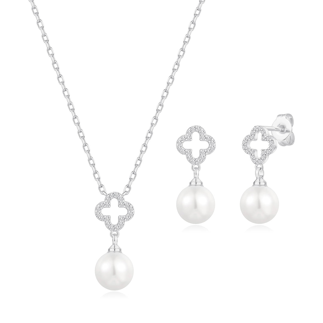 Silver Plated Clover Pearl Drop Set Created with Zircondia® Crystals