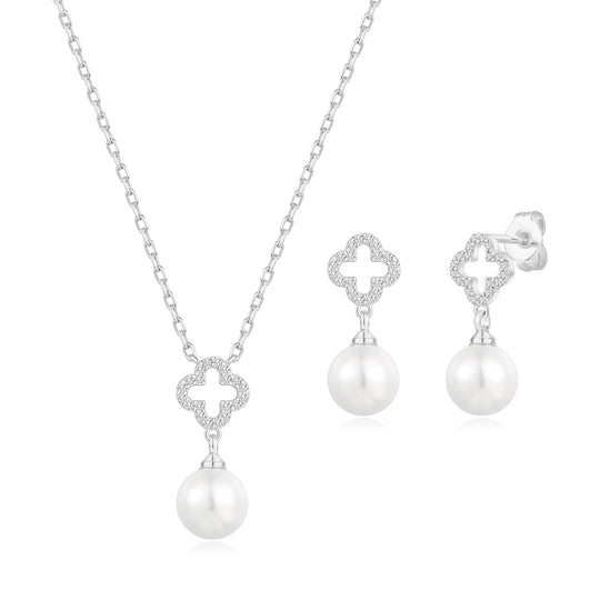 Silver Plated Clover Pearl Drop Set Created with Zircondia® Crystals