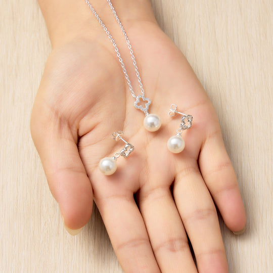 Silver Plated Clover Pearl Drop Set Created with Zircondia® Crystals