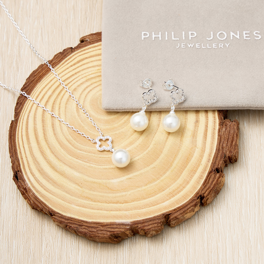 Silver Plated Clover Pearl Drop Set Created with Zircondia® Crystals