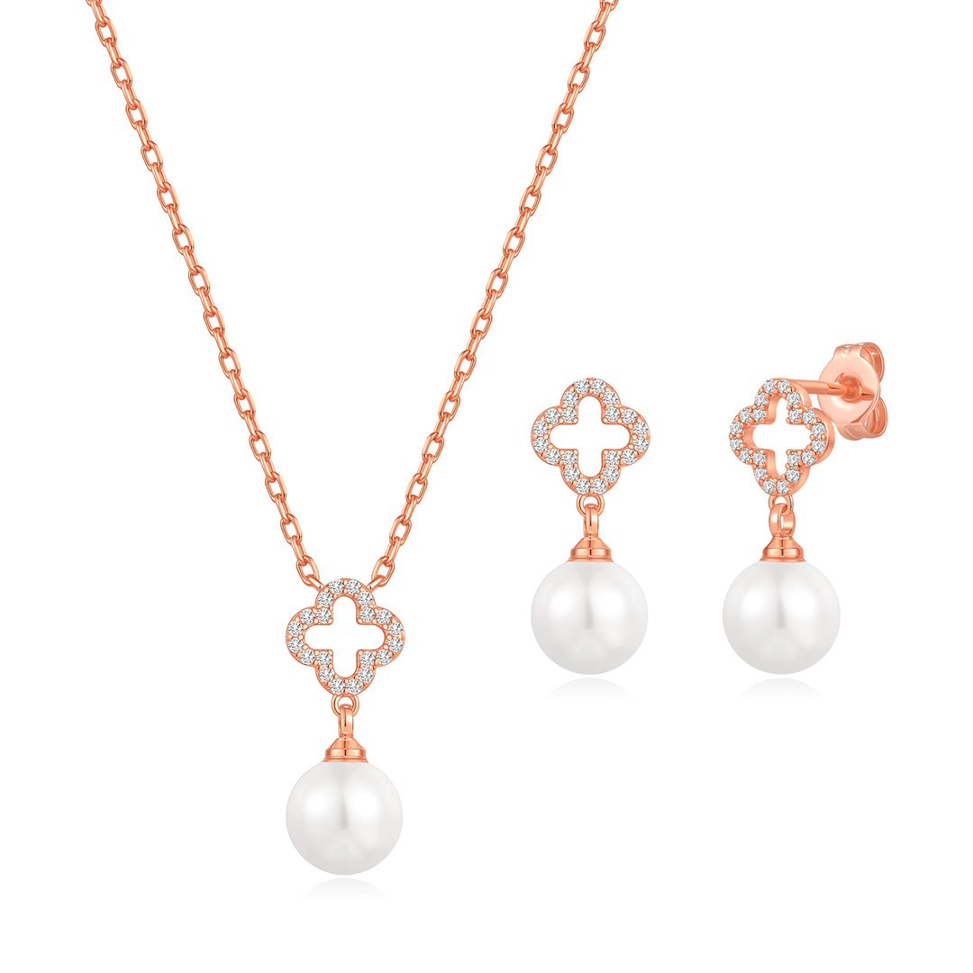 Rose Gold Plated Clover Pearl Drop Set Created with Zircondia® Crystals