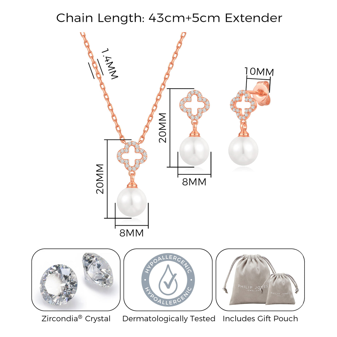 Rose Gold Plated Clover Pearl Drop Set Created with Zircondia® Crystals