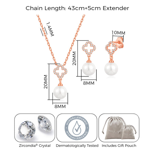 Rose Gold Plated Clover Pearl Drop Set Created with Zircondia® Crystals