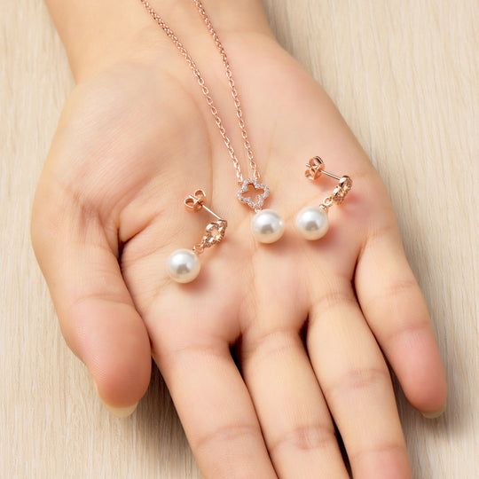 Rose Gold Plated Clover Pearl Drop Set Created with Zircondia® Crystals