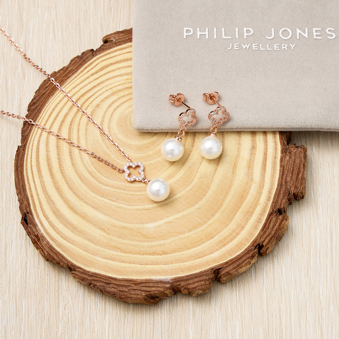 Rose Gold Plated Clover Pearl Drop Set Created with Zircondia® Crystals