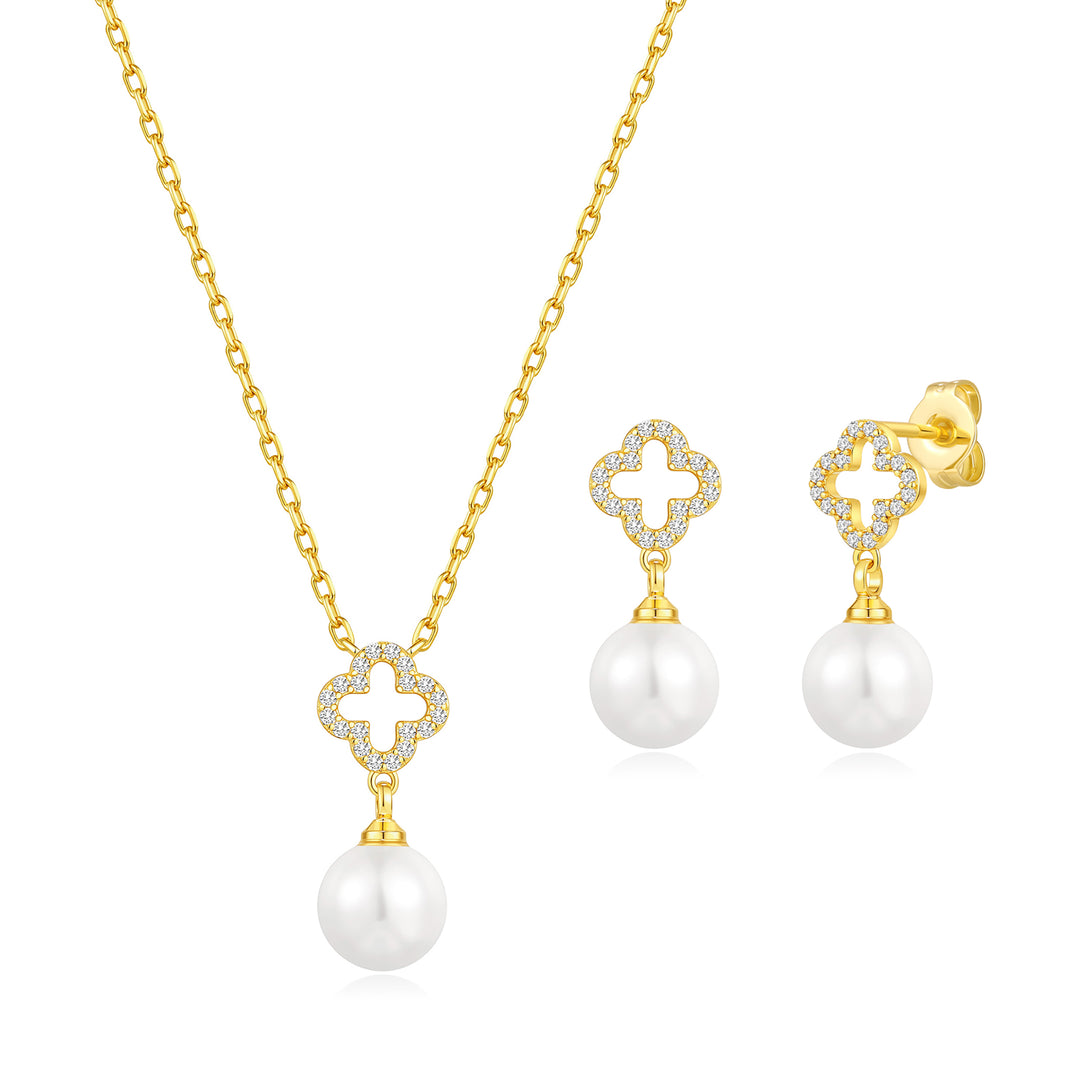18k Gold Plated Clover Pearl Drop Set Created with Zircondia® Crystals