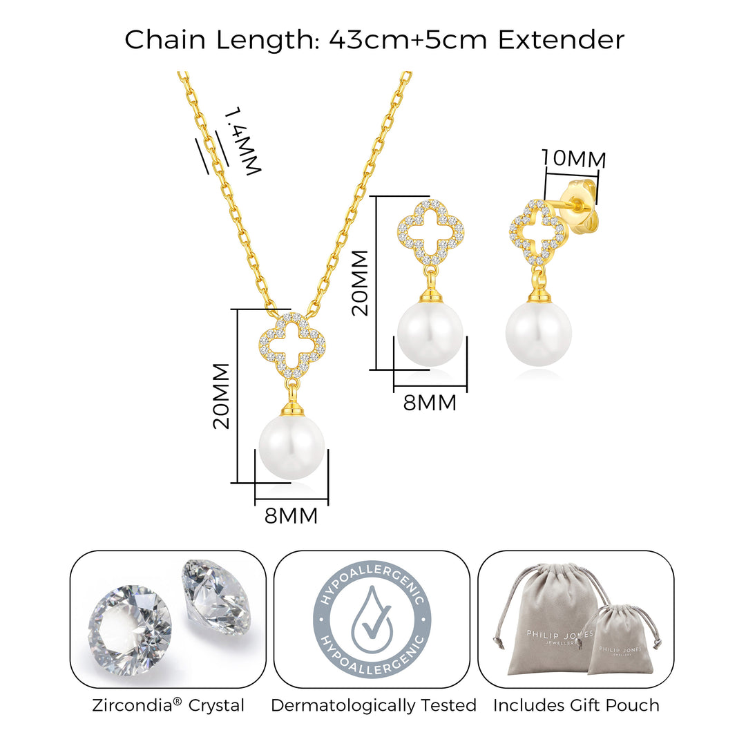 18k Gold Plated Clover Pearl Drop Set Created with Zircondia® Crystals