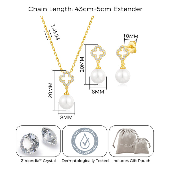 18k Gold Plated Clover Pearl Drop Set Created with Zircondia® Crystals