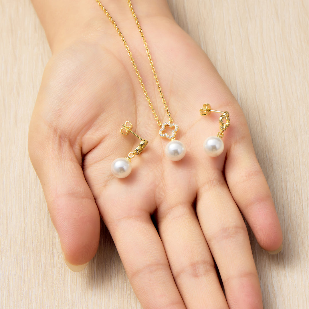 18k Gold Plated Clover Pearl Drop Set Created with Zircondia® Crystals