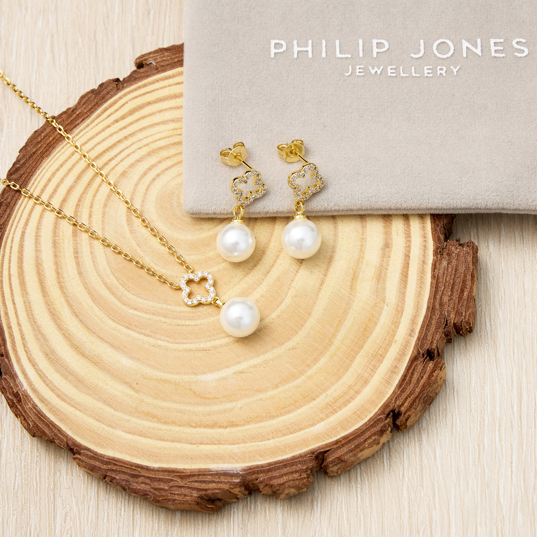 18k Gold Plated Clover Pearl Drop Set Created with Zircondia® Crystals