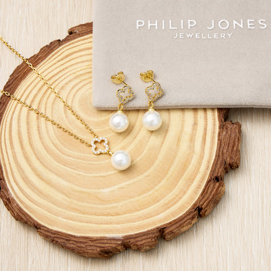 18k Gold Plated Clover Pearl Drop Set Created with Zircondia® Crystals