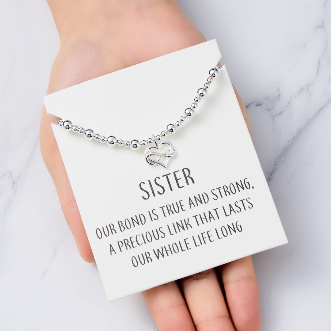 Sister Infinity Heart Beaded Stretch Bracelet with Quote Card