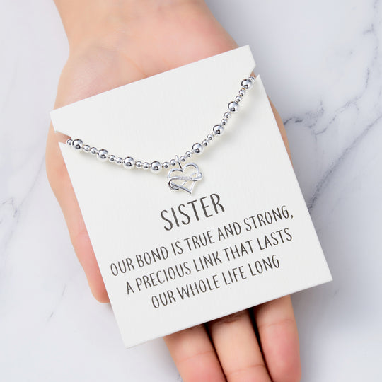 Sister Infinity Heart Beaded Stretch Bracelet with Quote Card