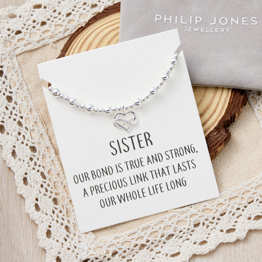 Sister Infinity Heart Beaded Stretch Bracelet with Quote Card