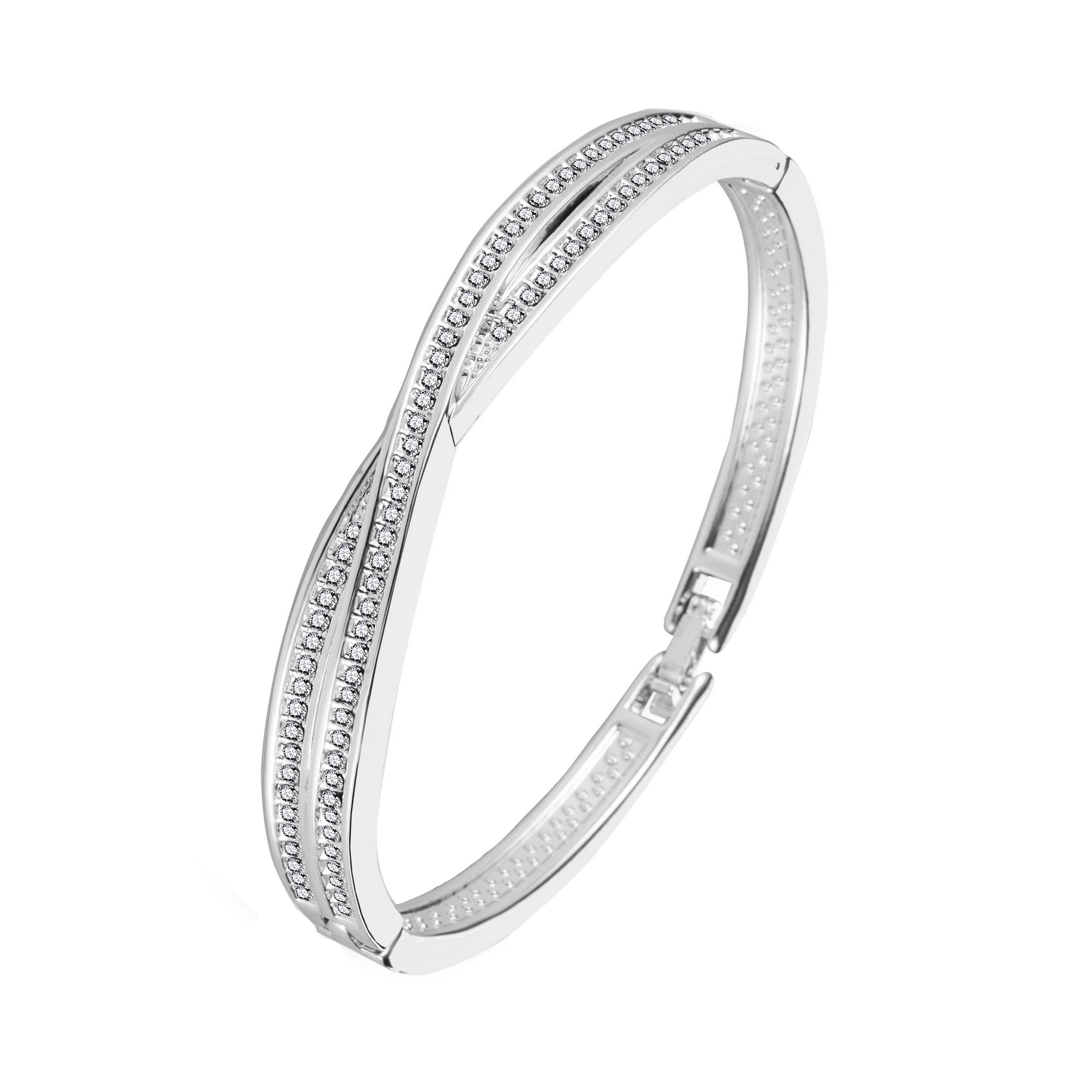 Silver Plated Crossover Bangle Created with Zircondia® Crystals (7 Inch)