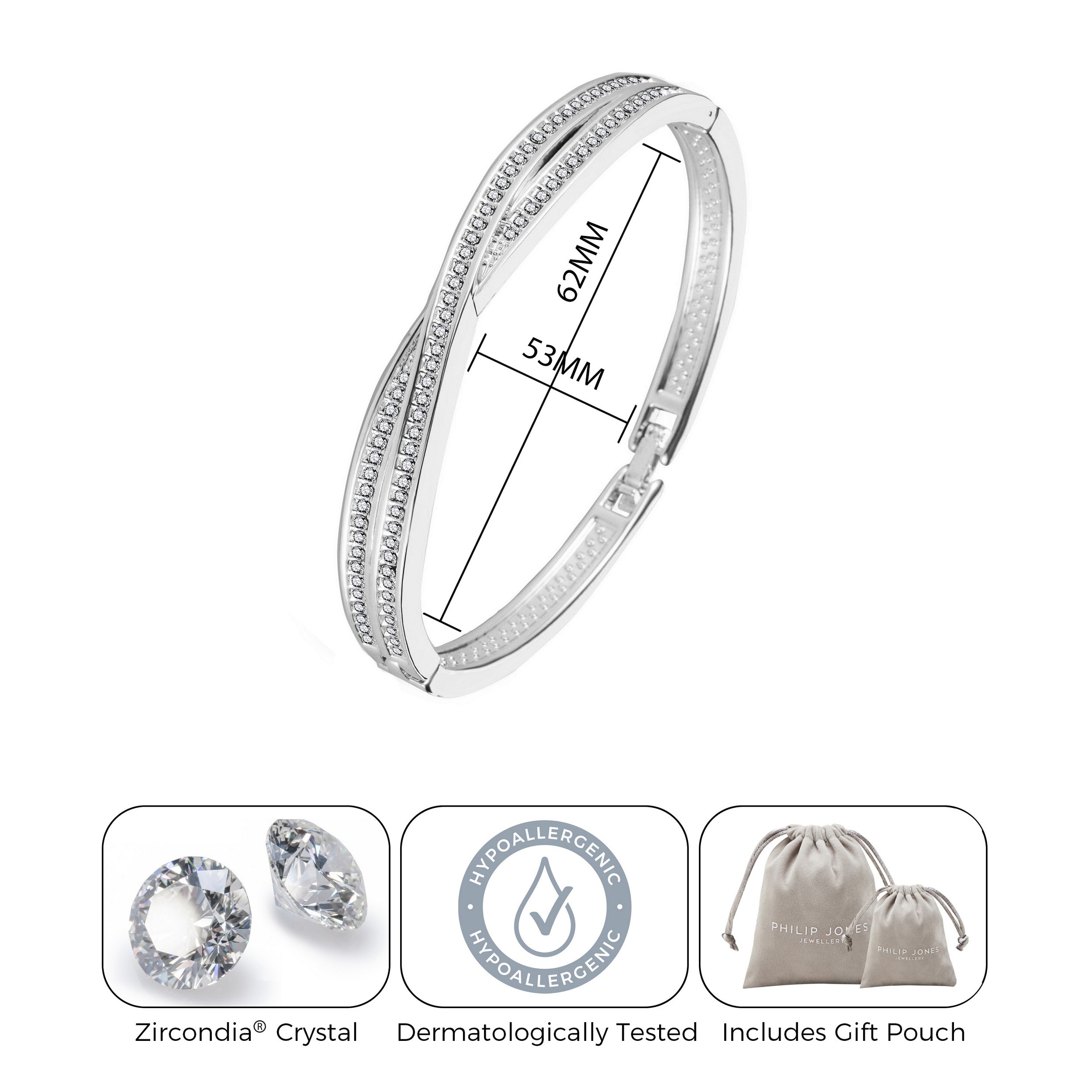 Silver Plated Crossover Bangle Created with Zircondia® Crystals (7 Inch)