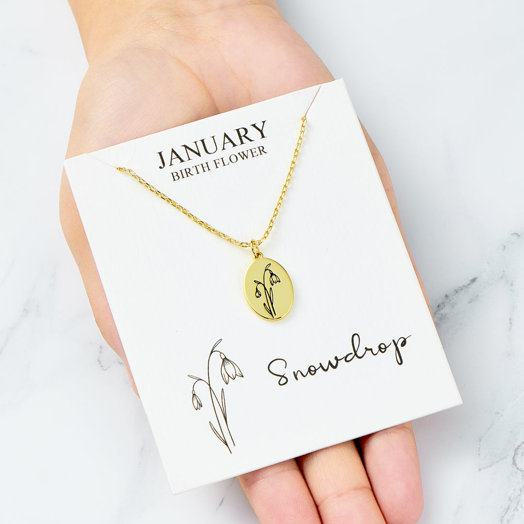 18k Gold Plated January Birth Flower Snowdrop Necklace with Card