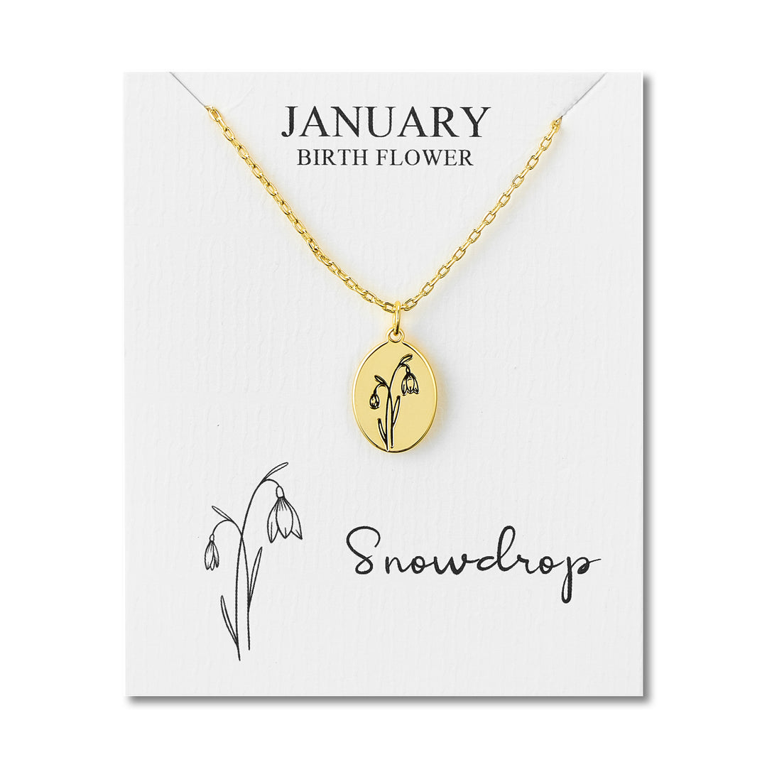 18k Gold Plated January Birth Flower Snowdrop Necklace with Card - Philip Jones