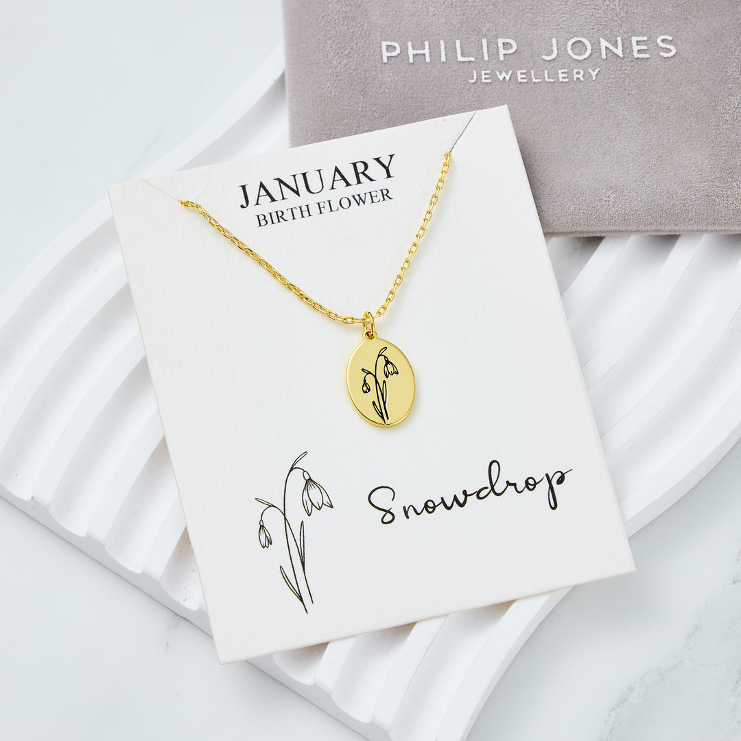 18k Gold Plated January Birth Flower Snowdrop Necklace with Card