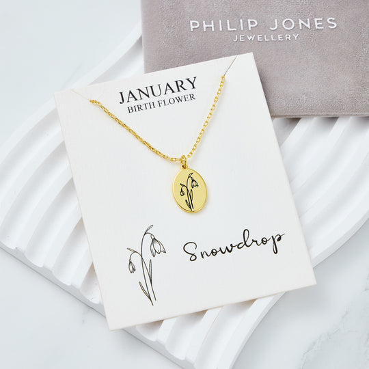 18k Gold Plated January Birth Flower Snowdrop Necklace with Card