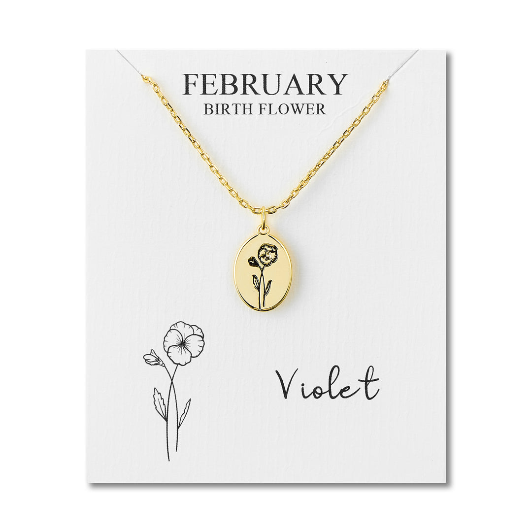18k Gold Plated February Birth Flower Violet Necklace with Card - Philip Jones