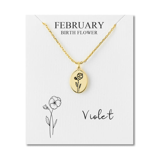 18k Gold Plated February Birth Flower Violet Necklace with Card - Philip Jones