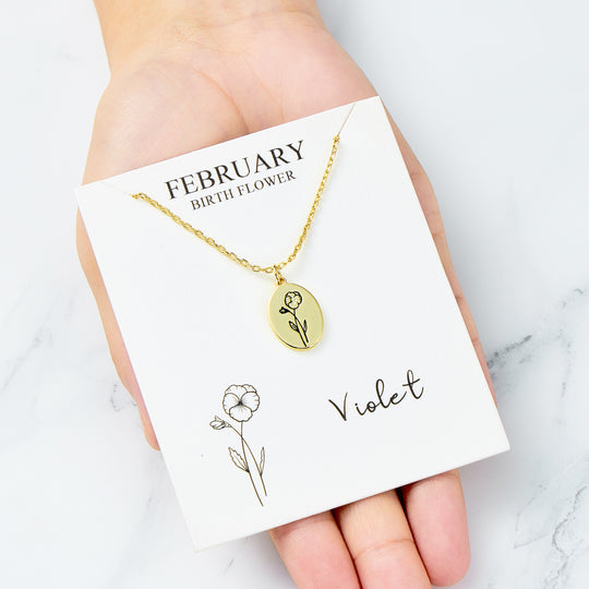 18k Gold Plated February Birth Flower Violet Necklace with Card