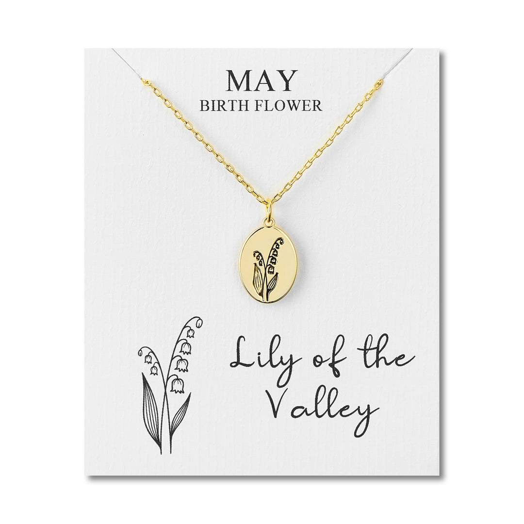 18k Gold Plated May Birth Flower Lily of the Valley Necklace with Card - Philip Jones