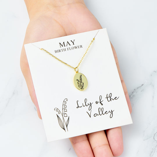 18k Gold Plated May Birth Flower Lily of the Valley Necklace with Card